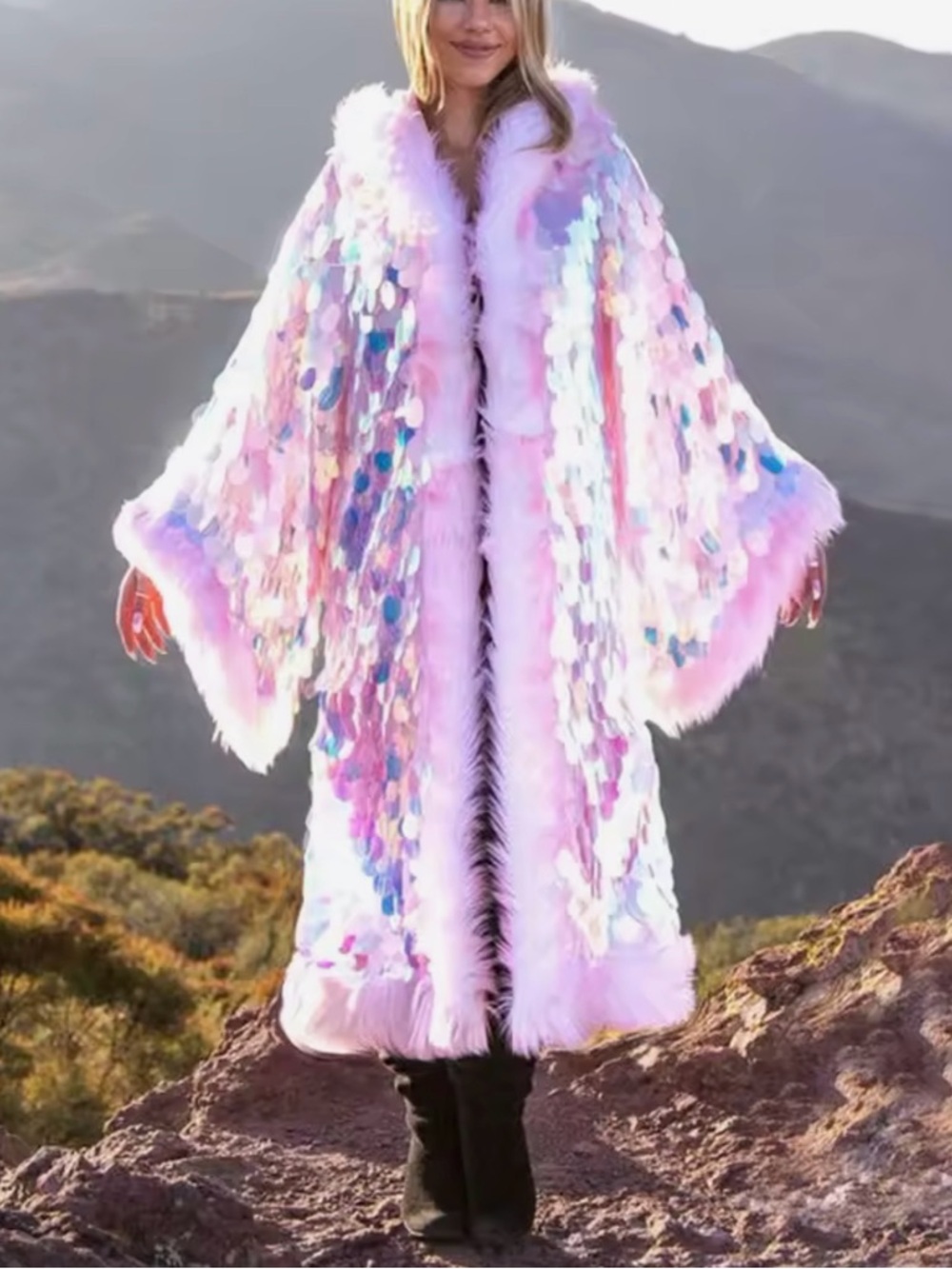Festival! LED Light Up Pink Holographic Sequin Cape with Plush Faux Fur Trim